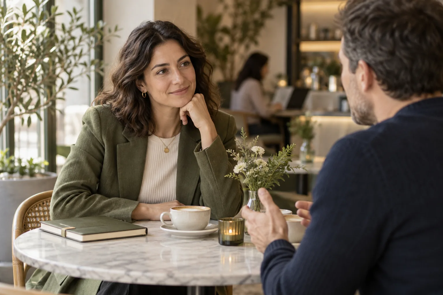 A customer explains her doubts across a small café table
