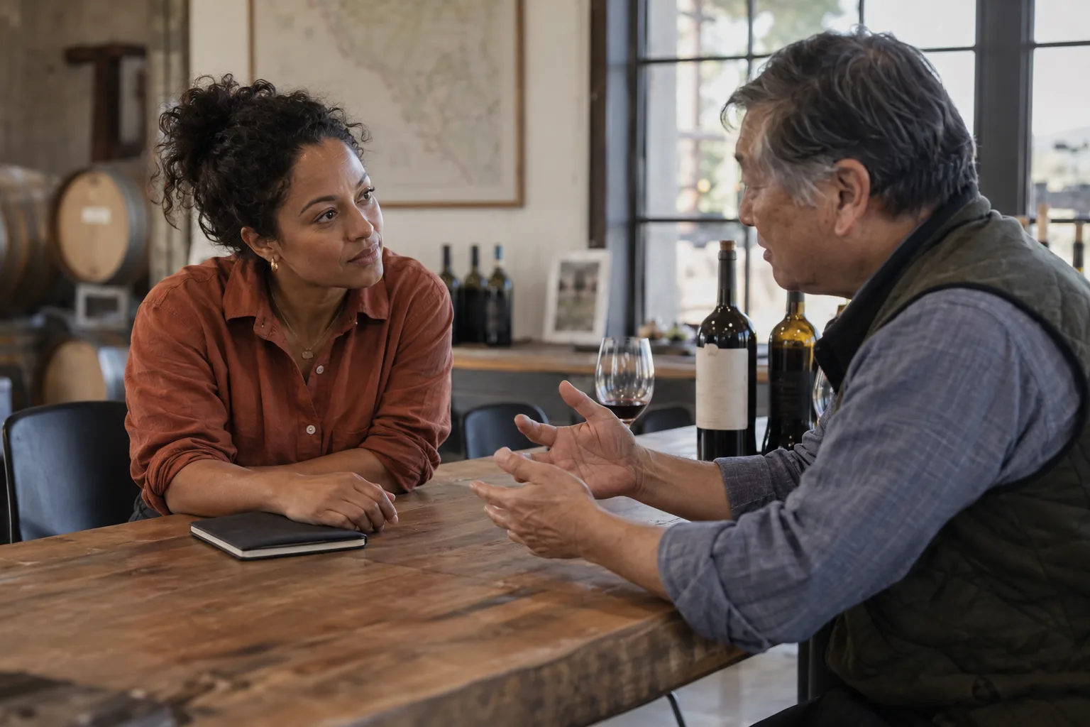 A rep listens closely to a winery owner, her notebook closed