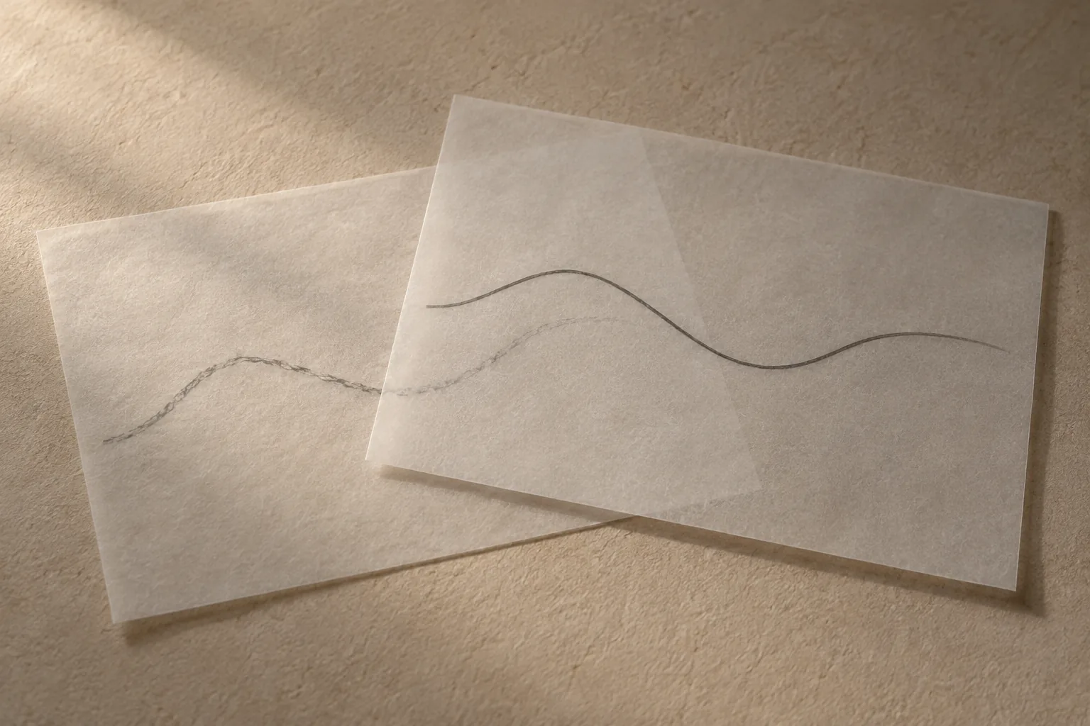 Two sheets of tracing paper, a rough pencil line redrawn clean on the top sheet