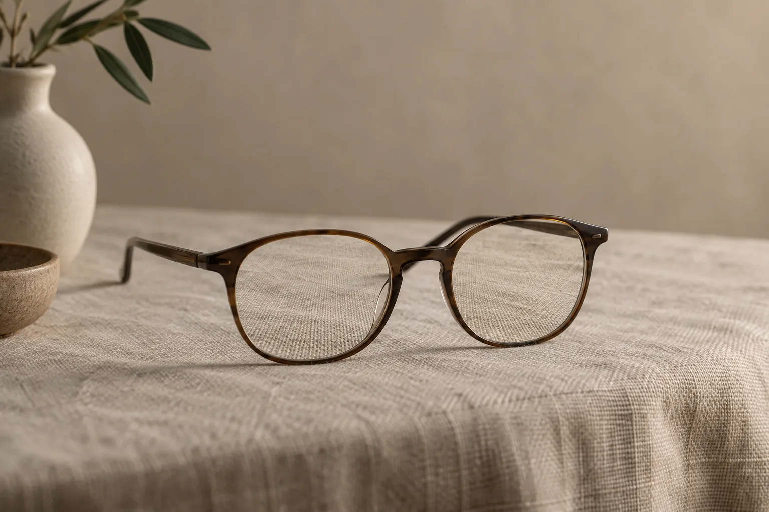 Reading glasses on a linen tablecloth