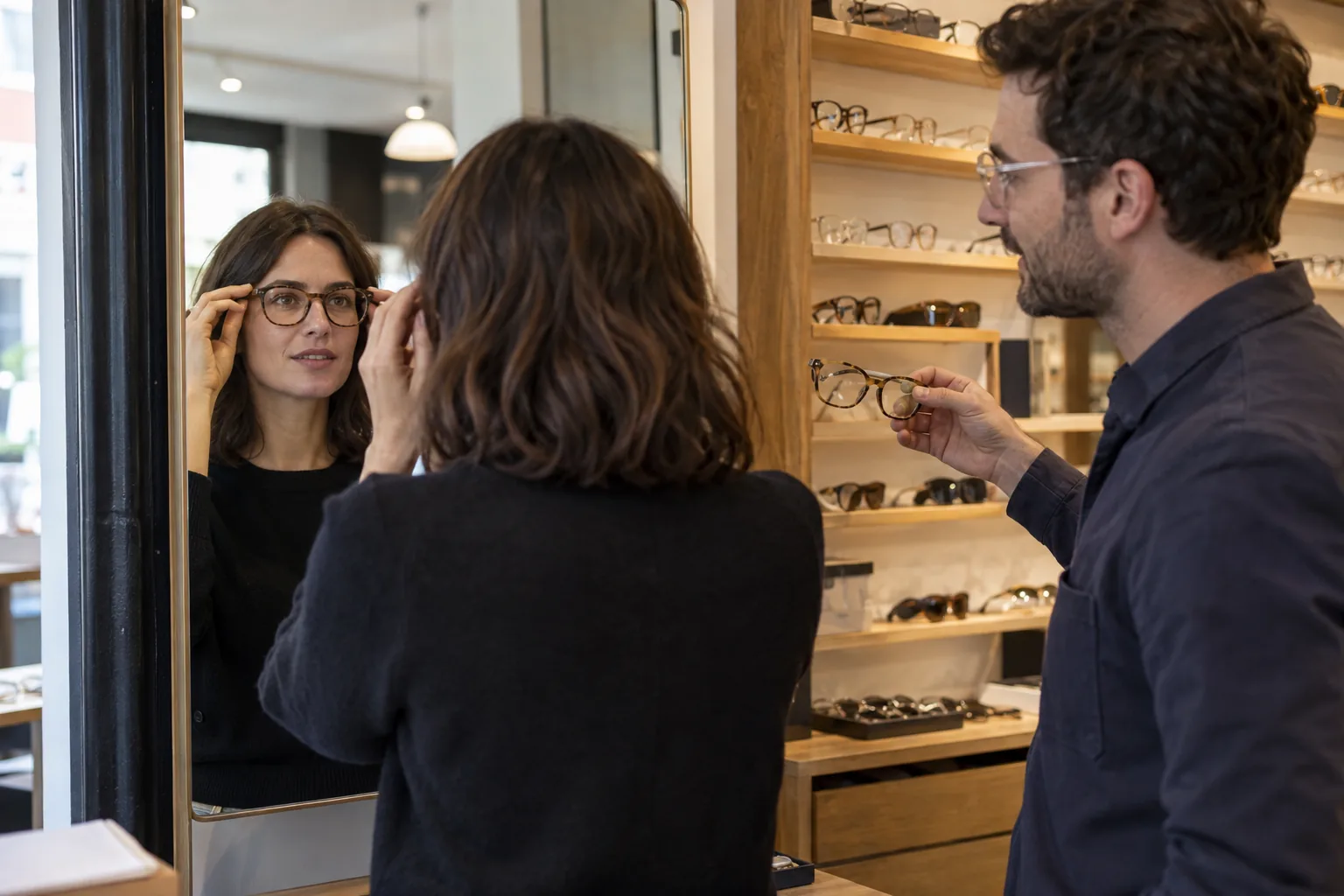 An optician offers a second pair of frames as a customer tries glasses at a mirror