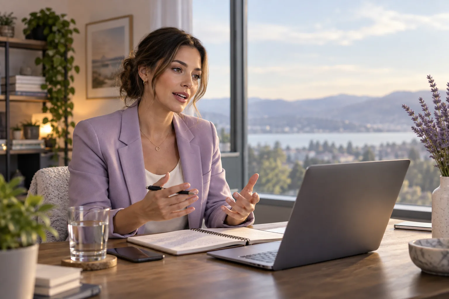 A consultant explains an idea at her laptop by a window
