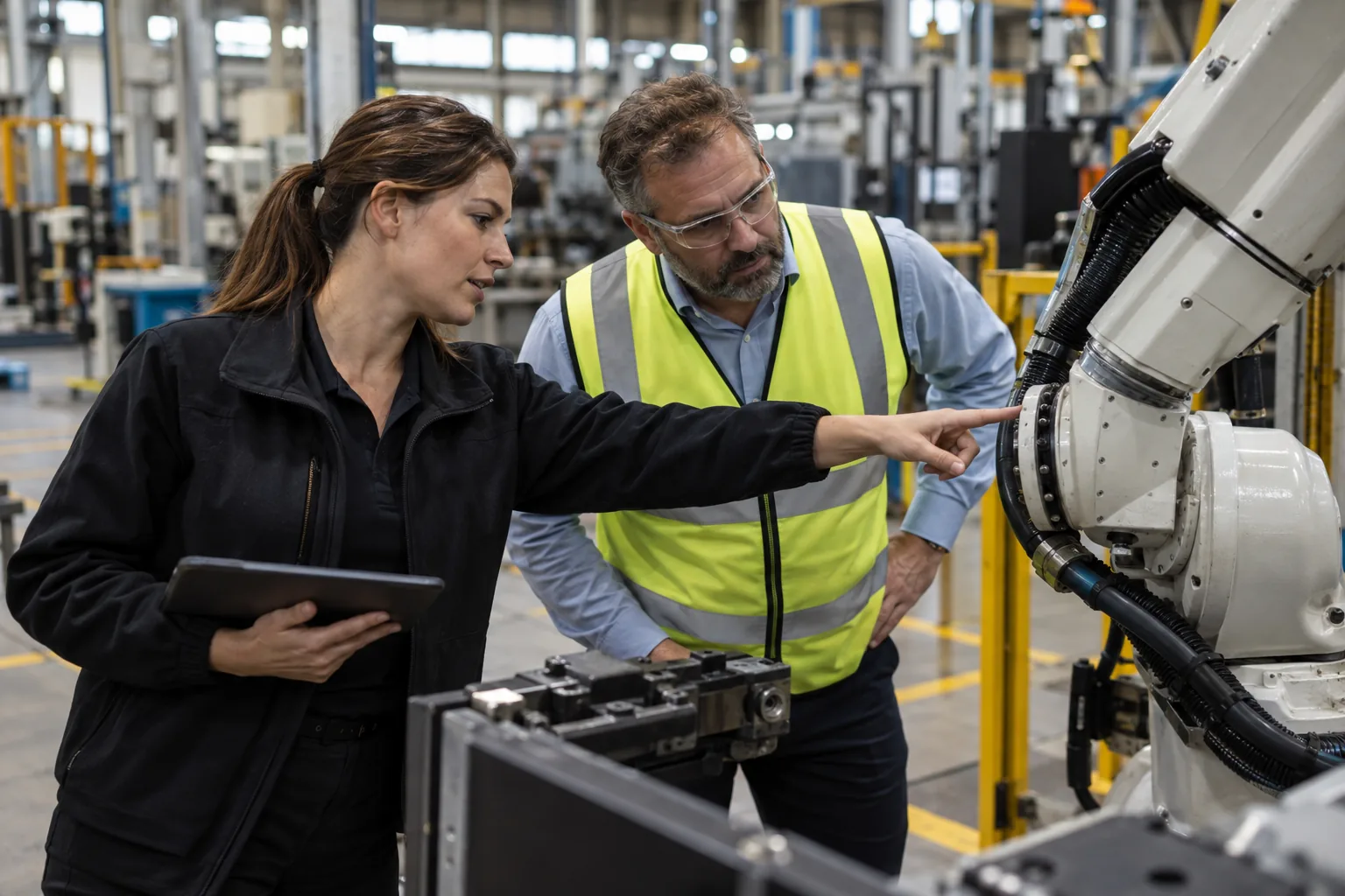 A sales engineer points out part of a robot arm to a plant manager