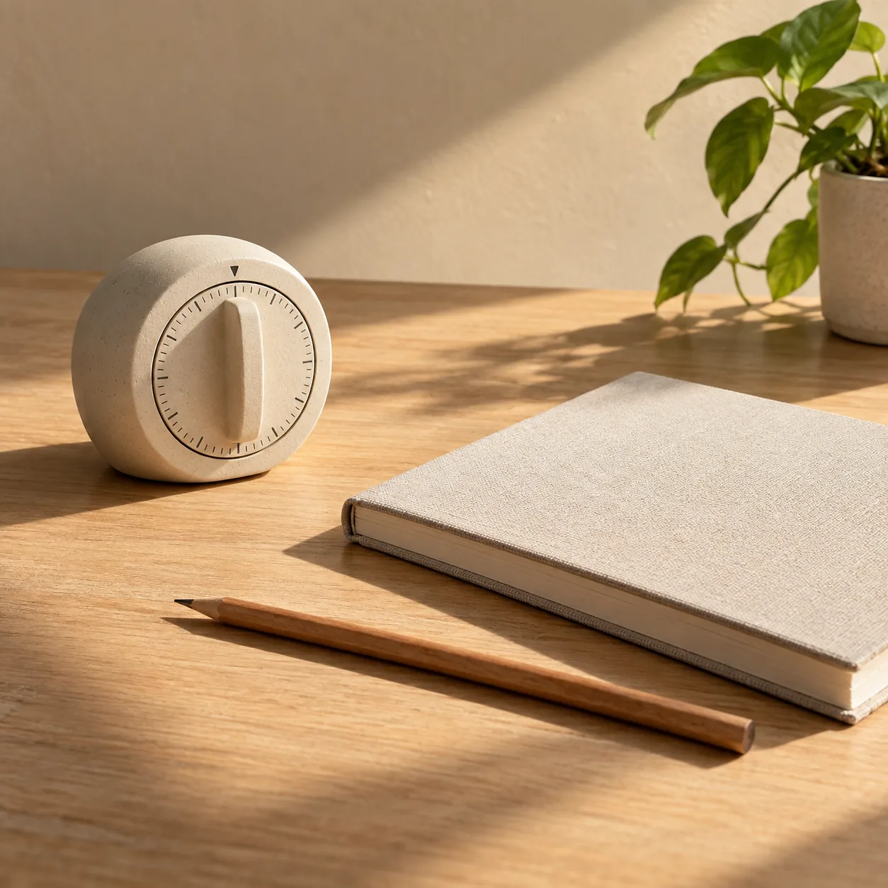 A kitchen timer beside a closed notebook and a pencil in morning light