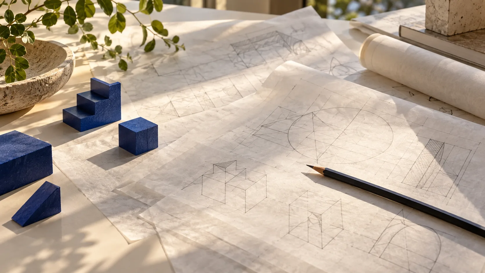 Blue building blocks on an architectural drawing