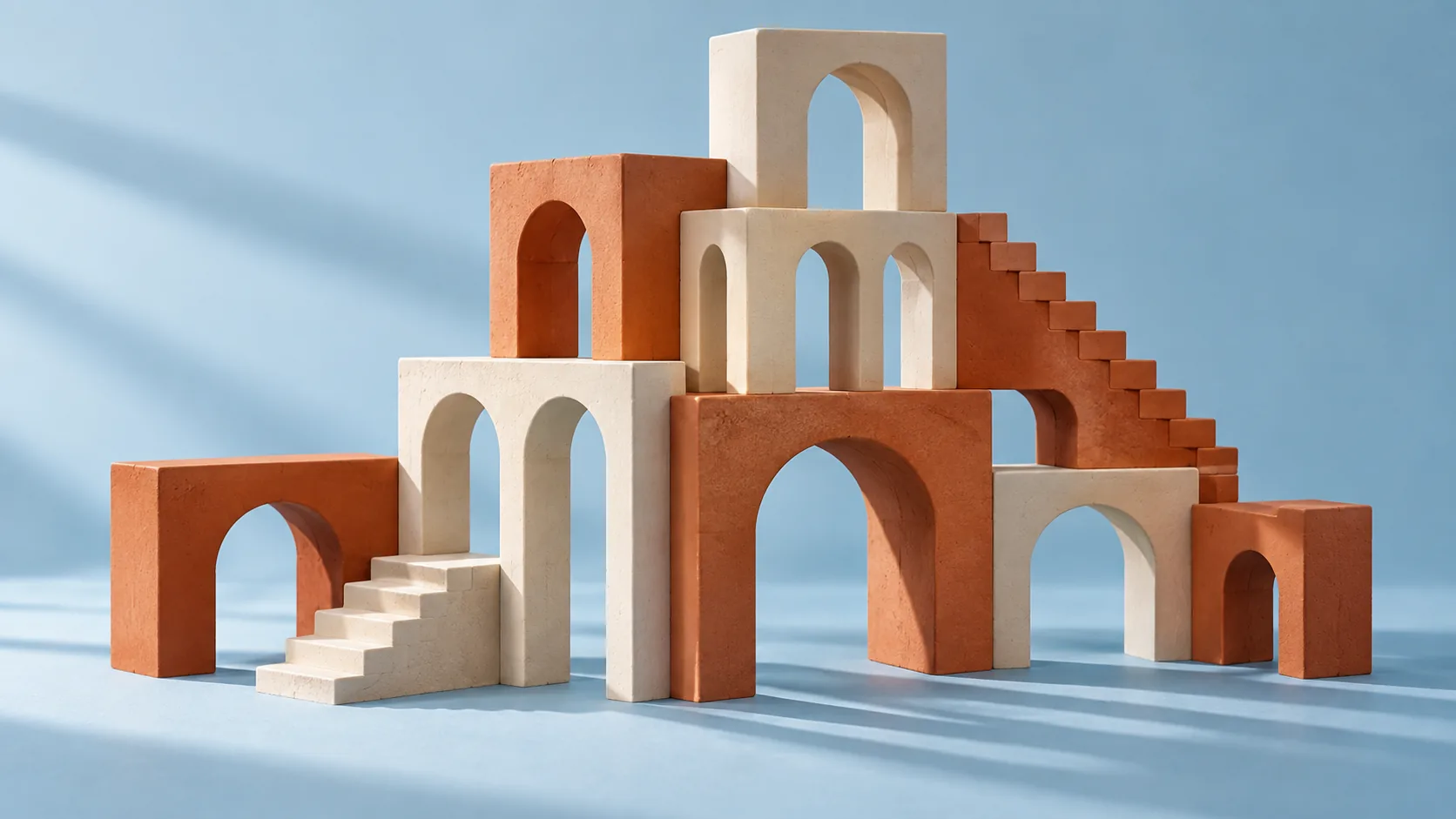 Terracotta arches and stairs against a blue sky