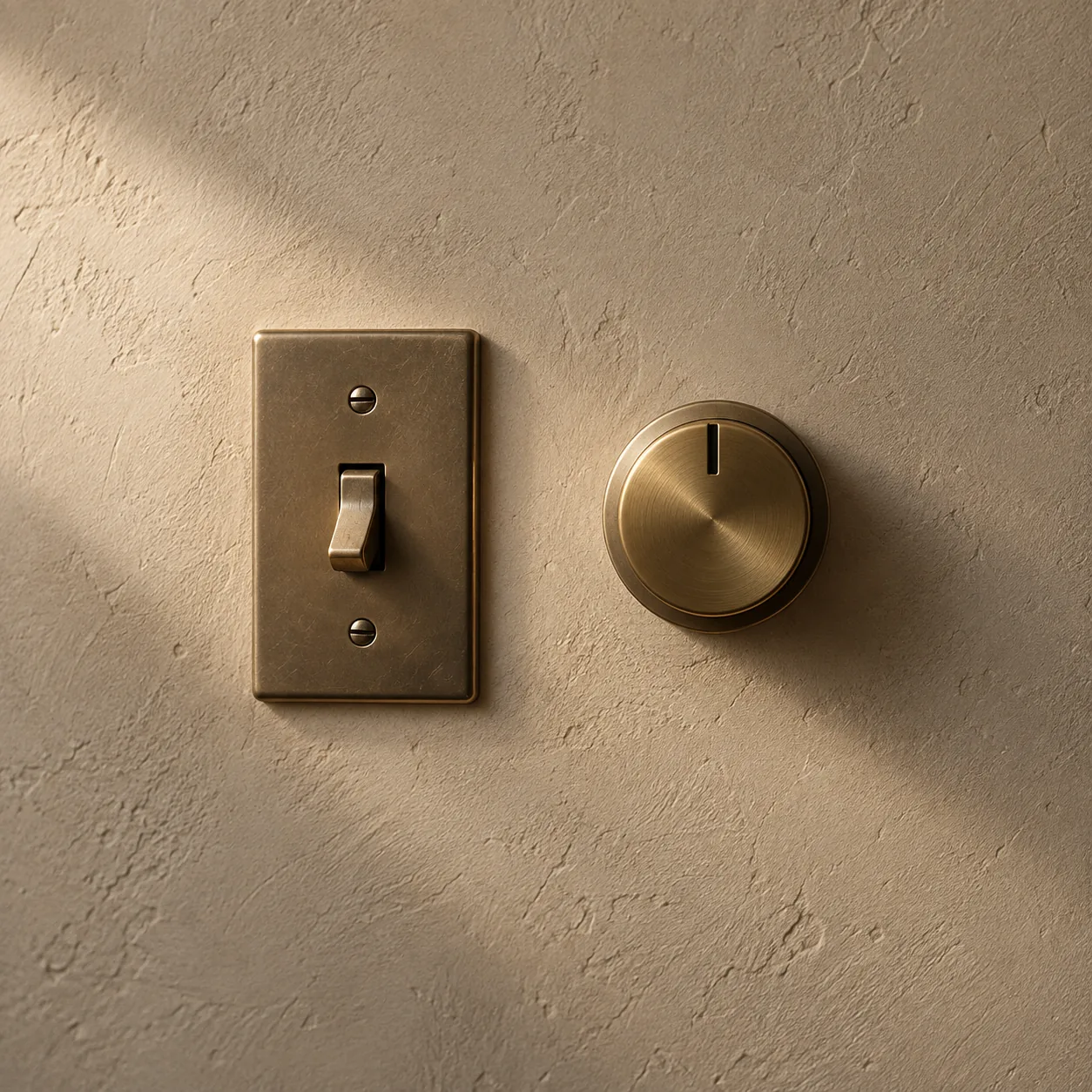 A simple on/off switch beside a brass dimmer dial on a plaster wall