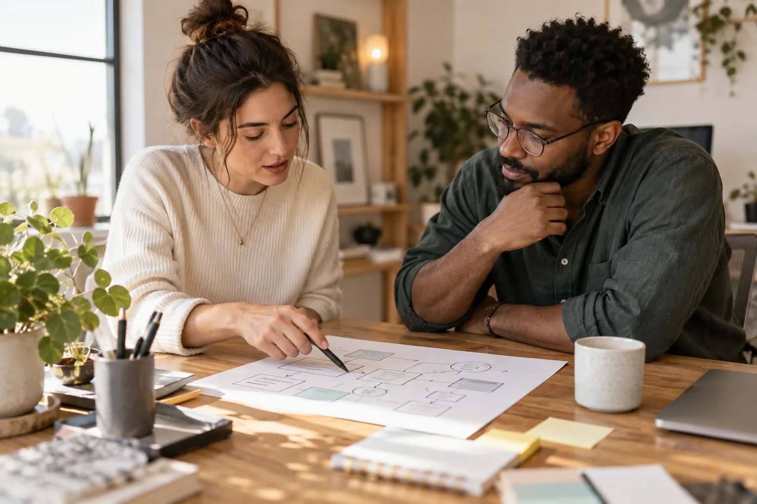 Two people plan together over papers at a table