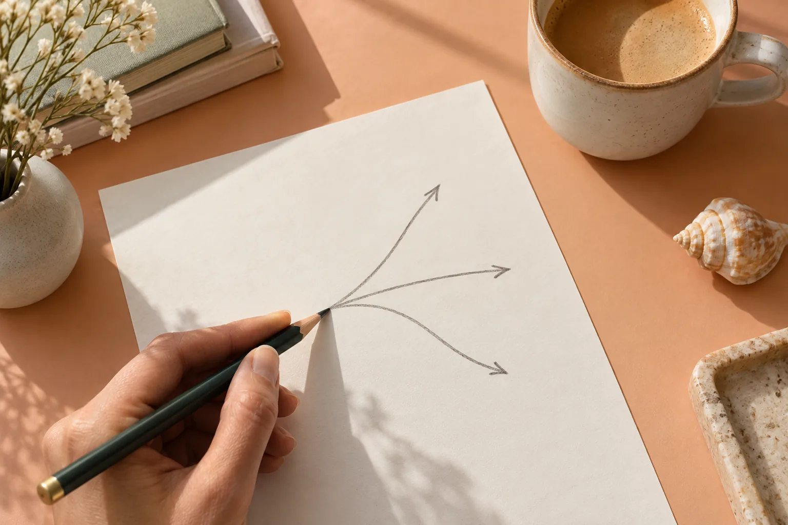 A hand sketches branching arrows on paper beside a cup of coffee