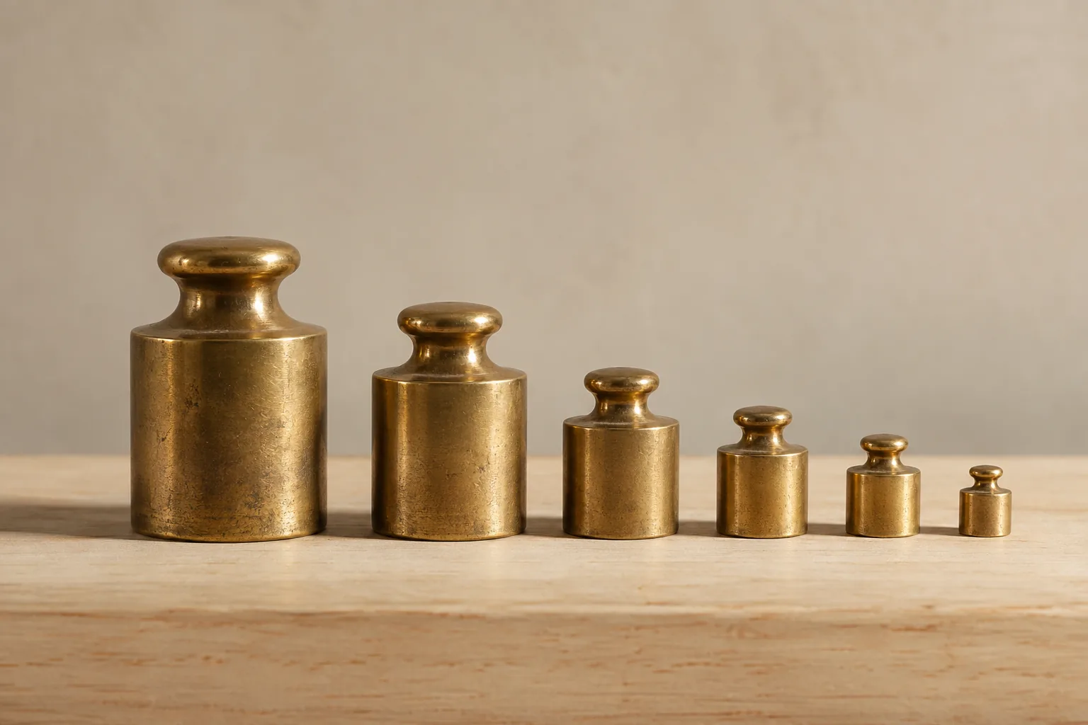 A row of brass weights lined up from largest to smallest