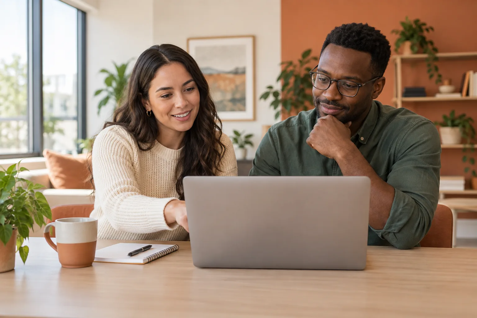Two people go through a new account together at a laptop