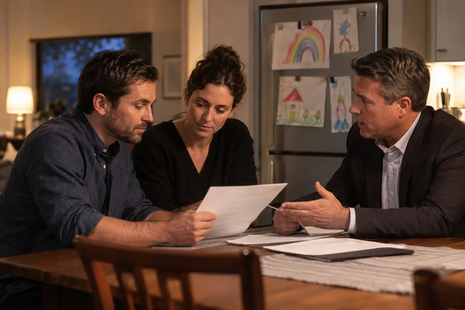 An insurance advisor talks through documents with a couple at their dining table
