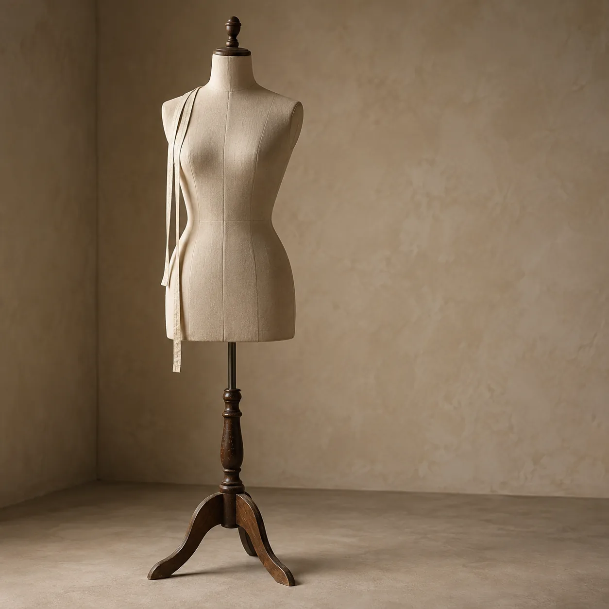 A tailor’s dress form standing in an empty studio