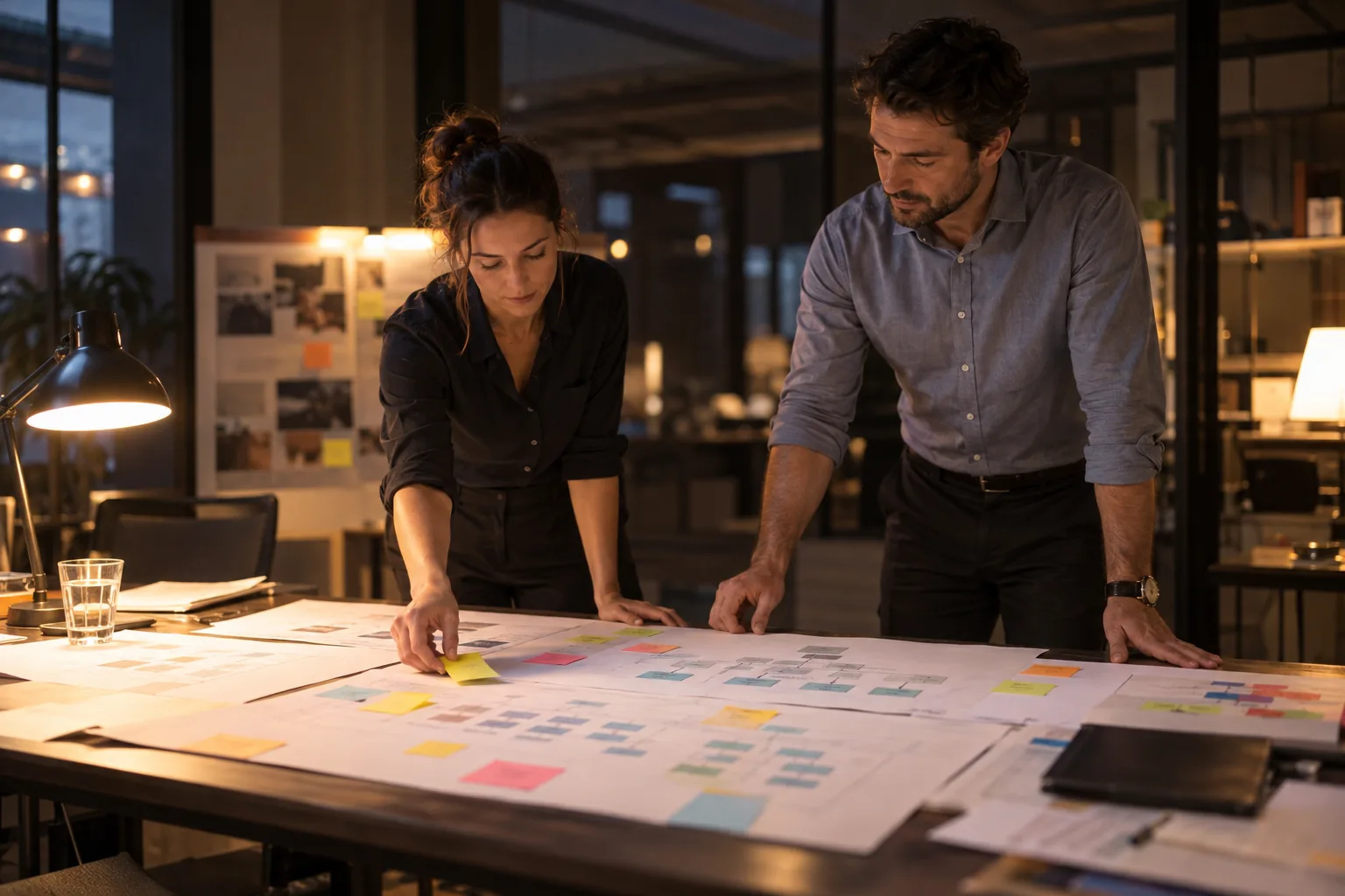 Two account managers plan over a table covered with charts and sticky notes