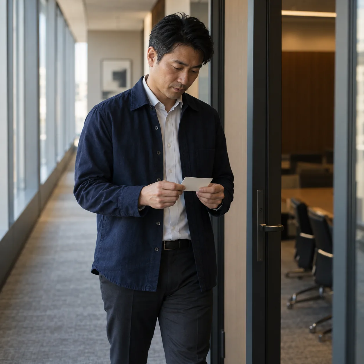 A rep reads an index card in a corridor before a meeting