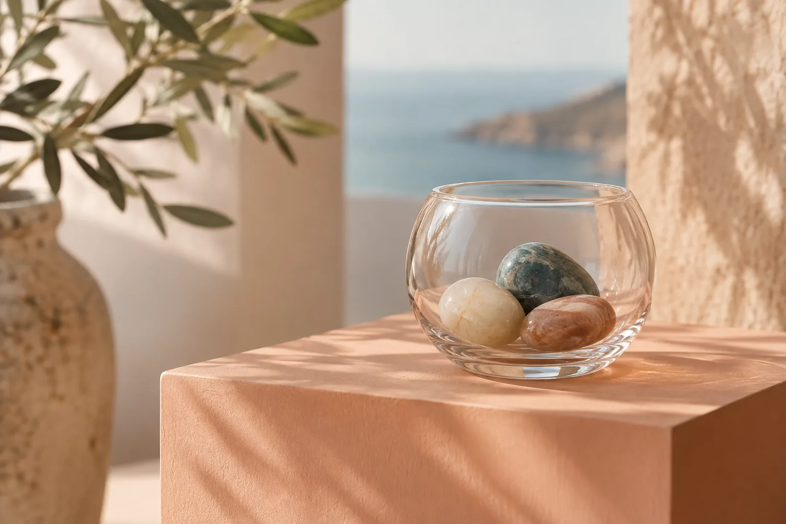 A glass bowl of smooth stones on a terracotta block by the sea