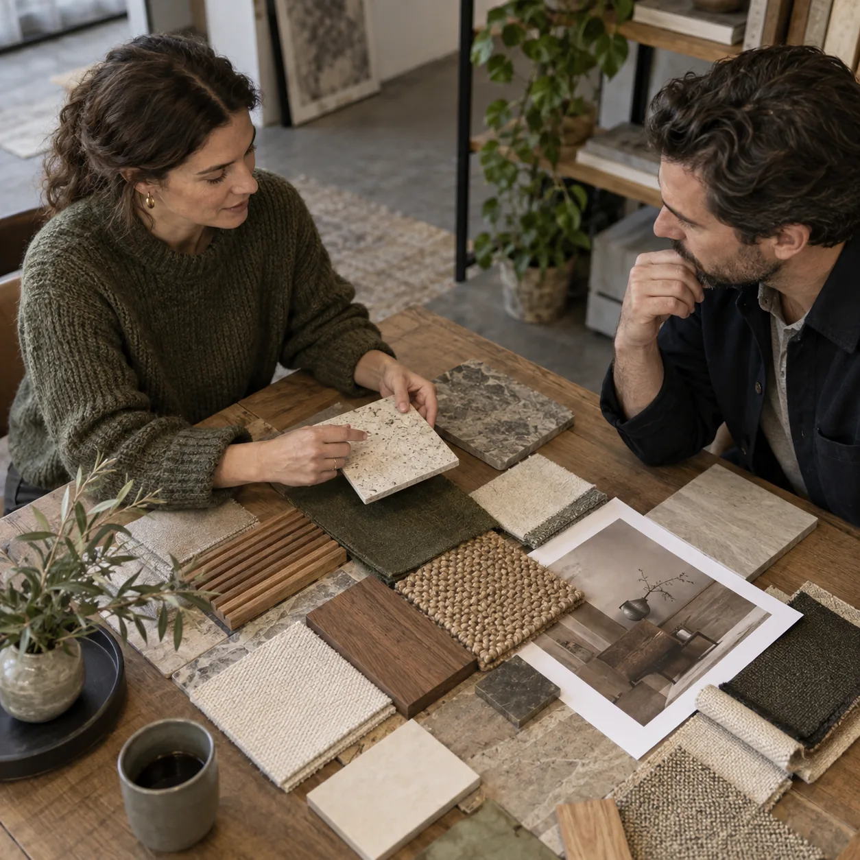 Two people compare material samples on a table
