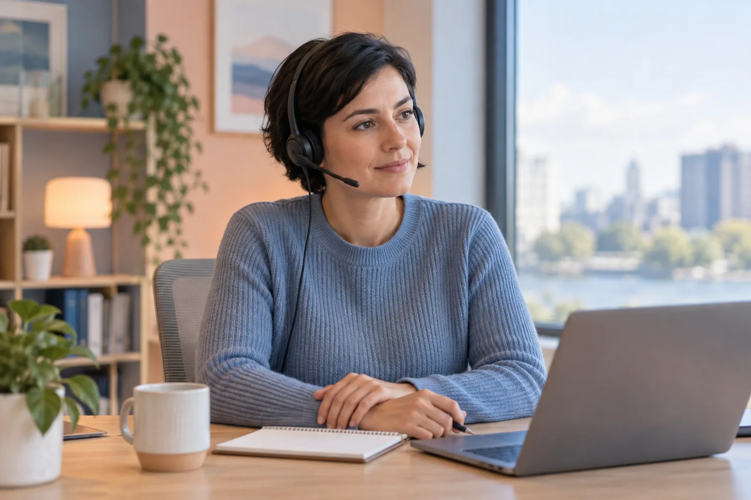 A support specialist on a call, calm and attentive