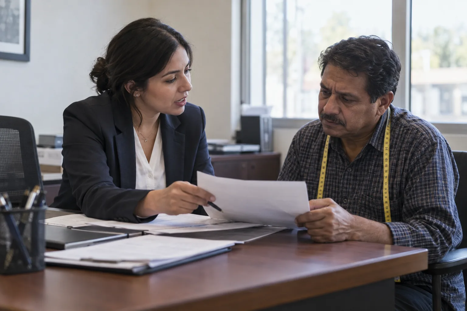 A loan officer gently reviews documents with a tailor who owns a small shop