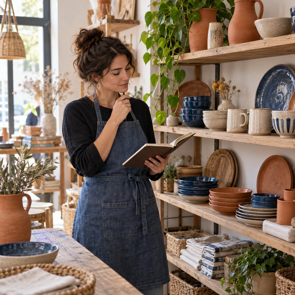 A shop owner takes notes among shelves of ceramics