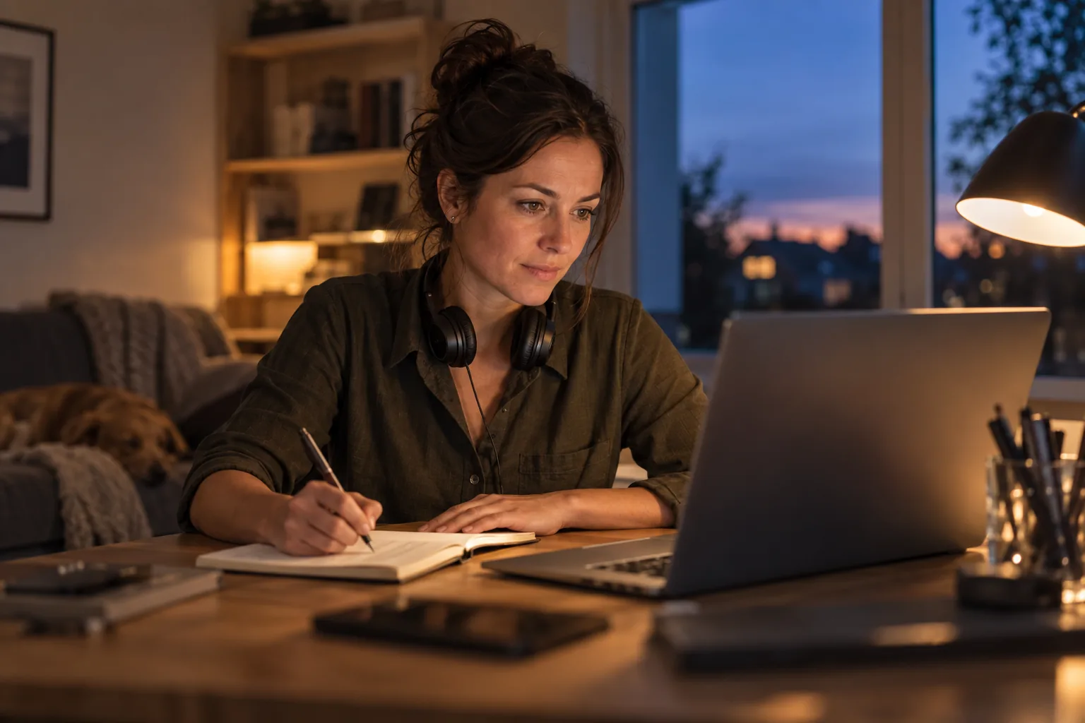 A woman with a headset around her neck reviews her call and makes a note at dusk