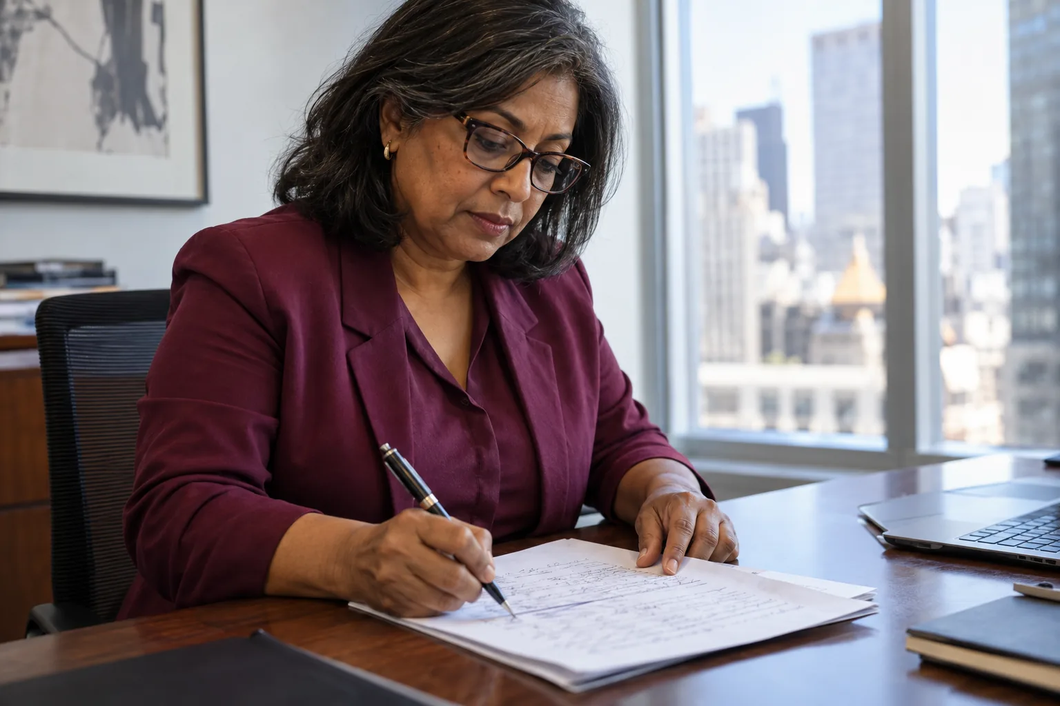An experienced saleswoman crosses out a line in her printed notes