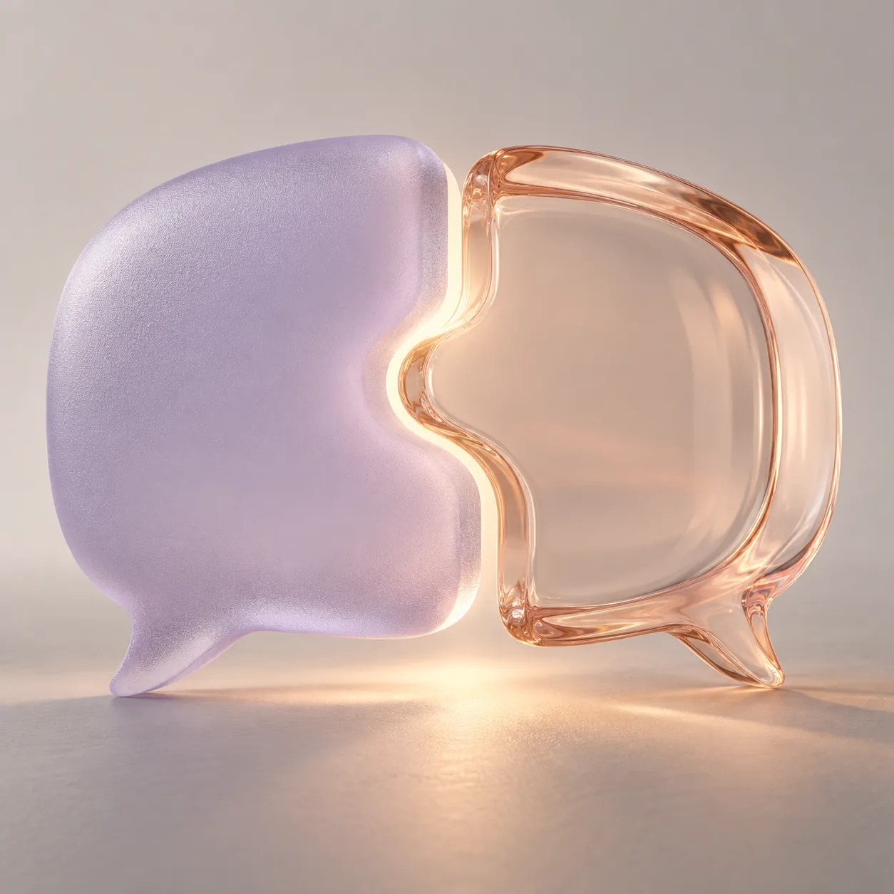 Two glass speech bubbles, lilac and peach, touching