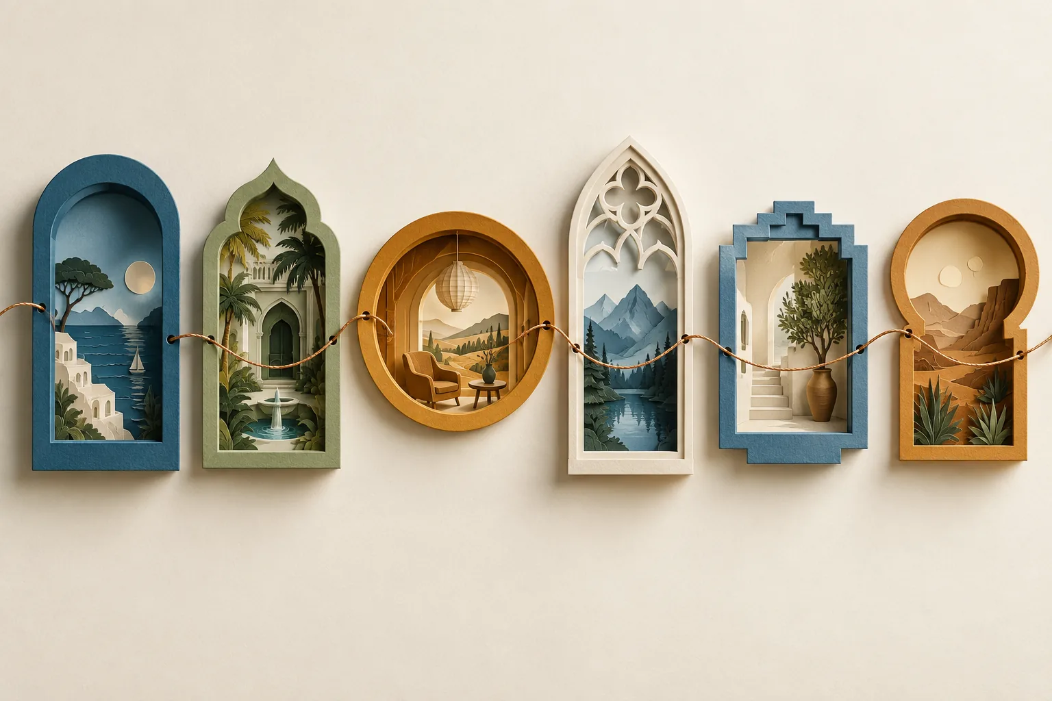 A row of small illustrated arches, each a different world, on a pale wall