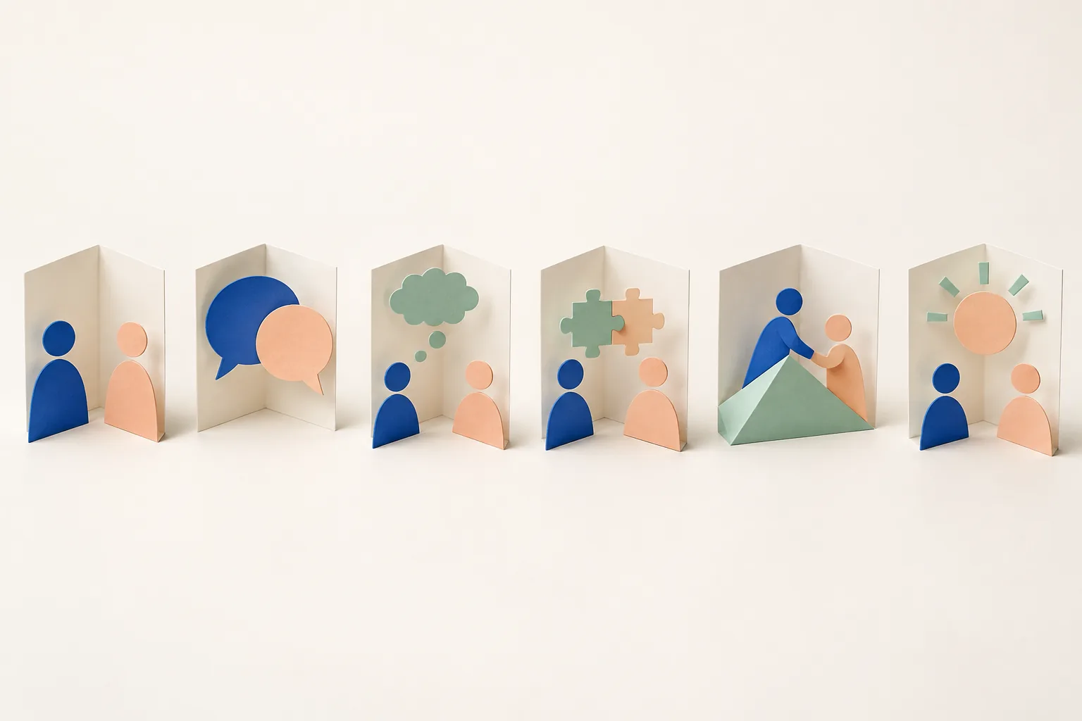 Paper cut-out figures and speech shapes in a row