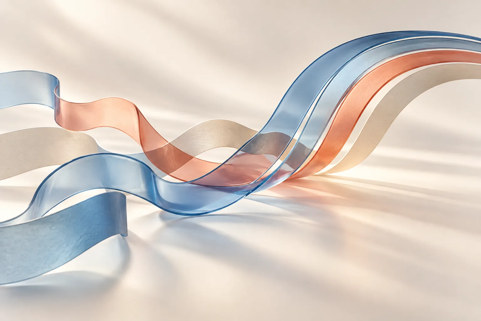 Translucent blue and coral ribbons weaving through soft light