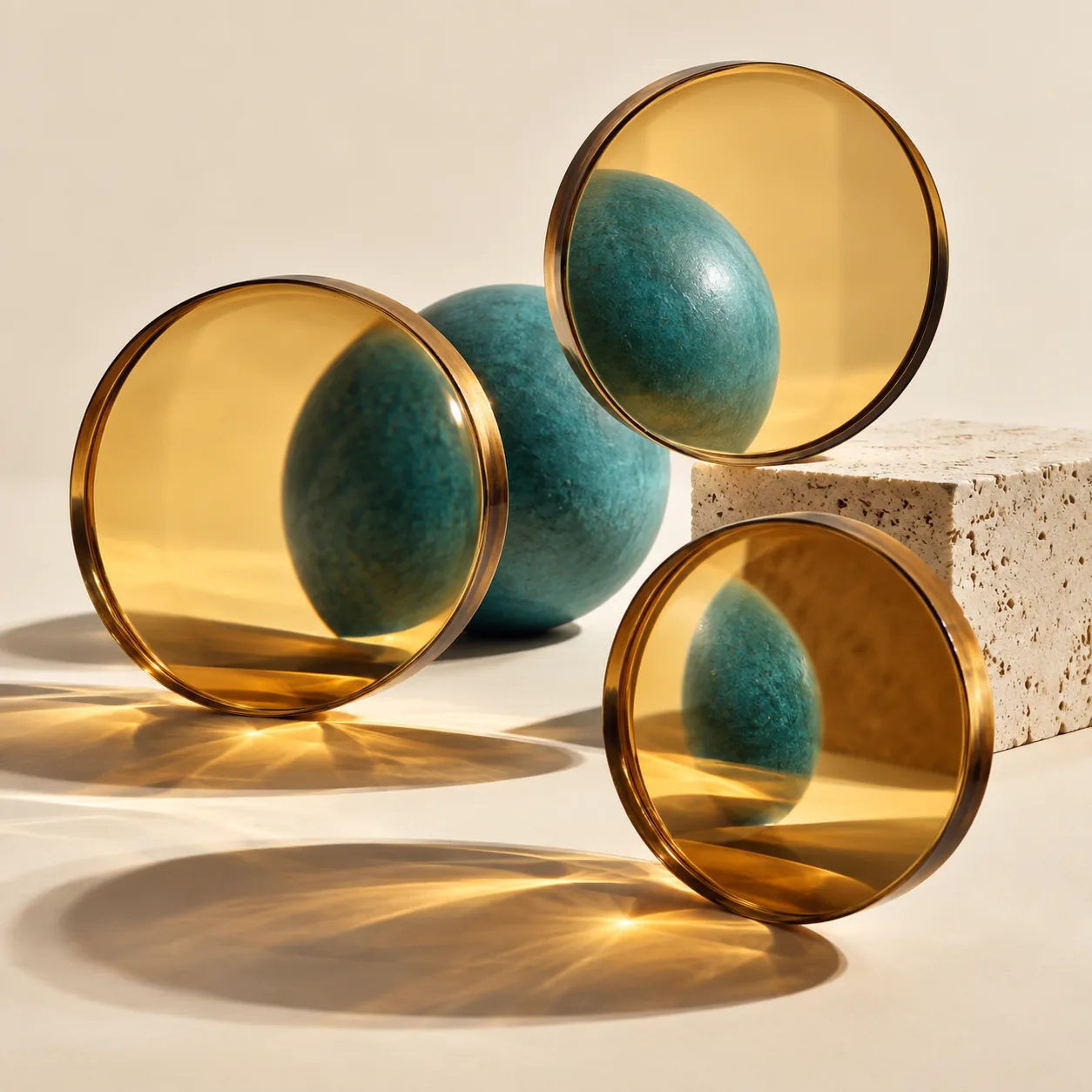 Amber and teal glass discs balanced against each other