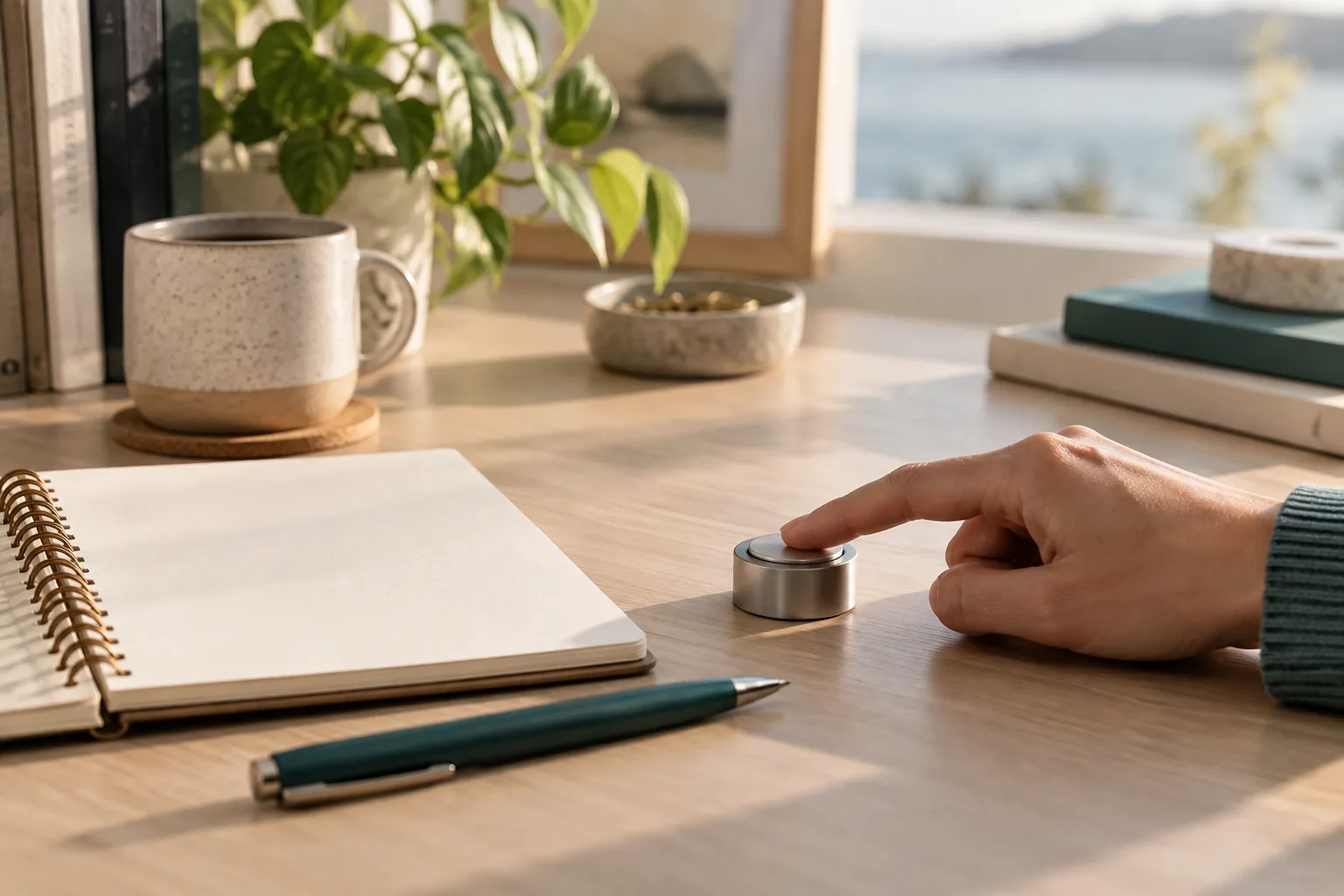 A finger presses a small button on a desk beside a notebook