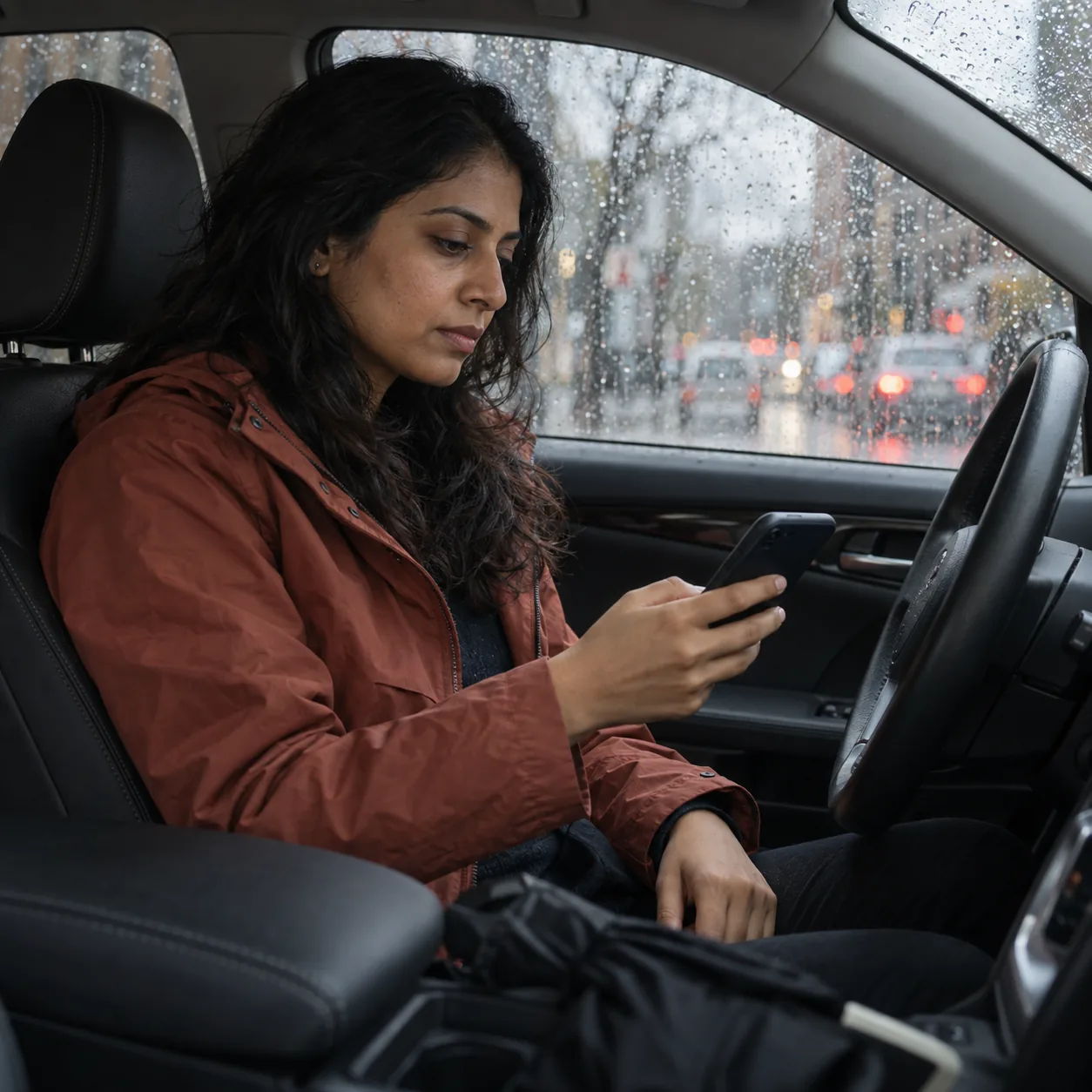 A woman in a parked car looks at her phone before making a call