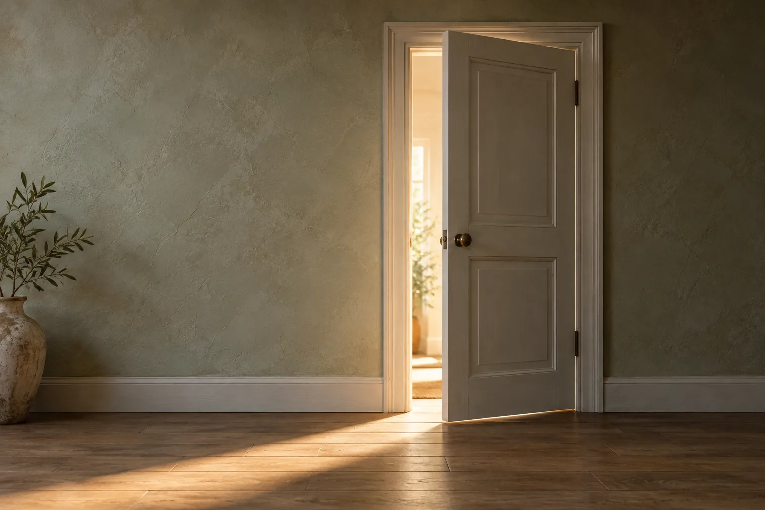 A door standing slightly open with warm light spilling through