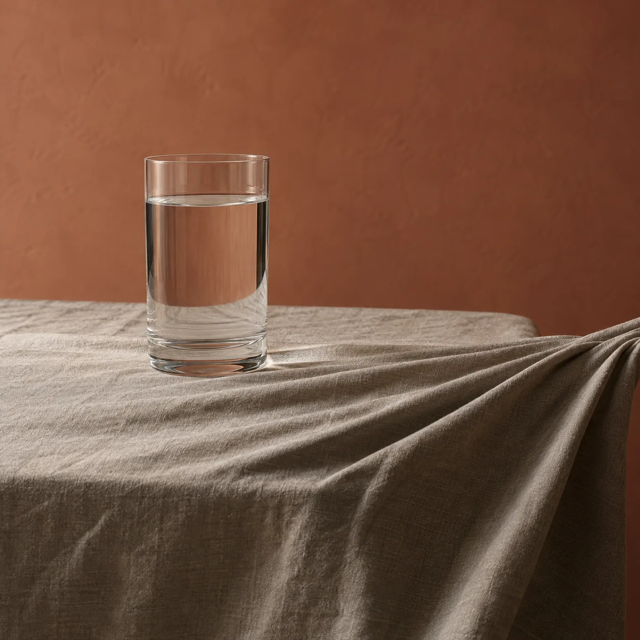 A still glass of water on a tablecloth that has been pulled hard to one side