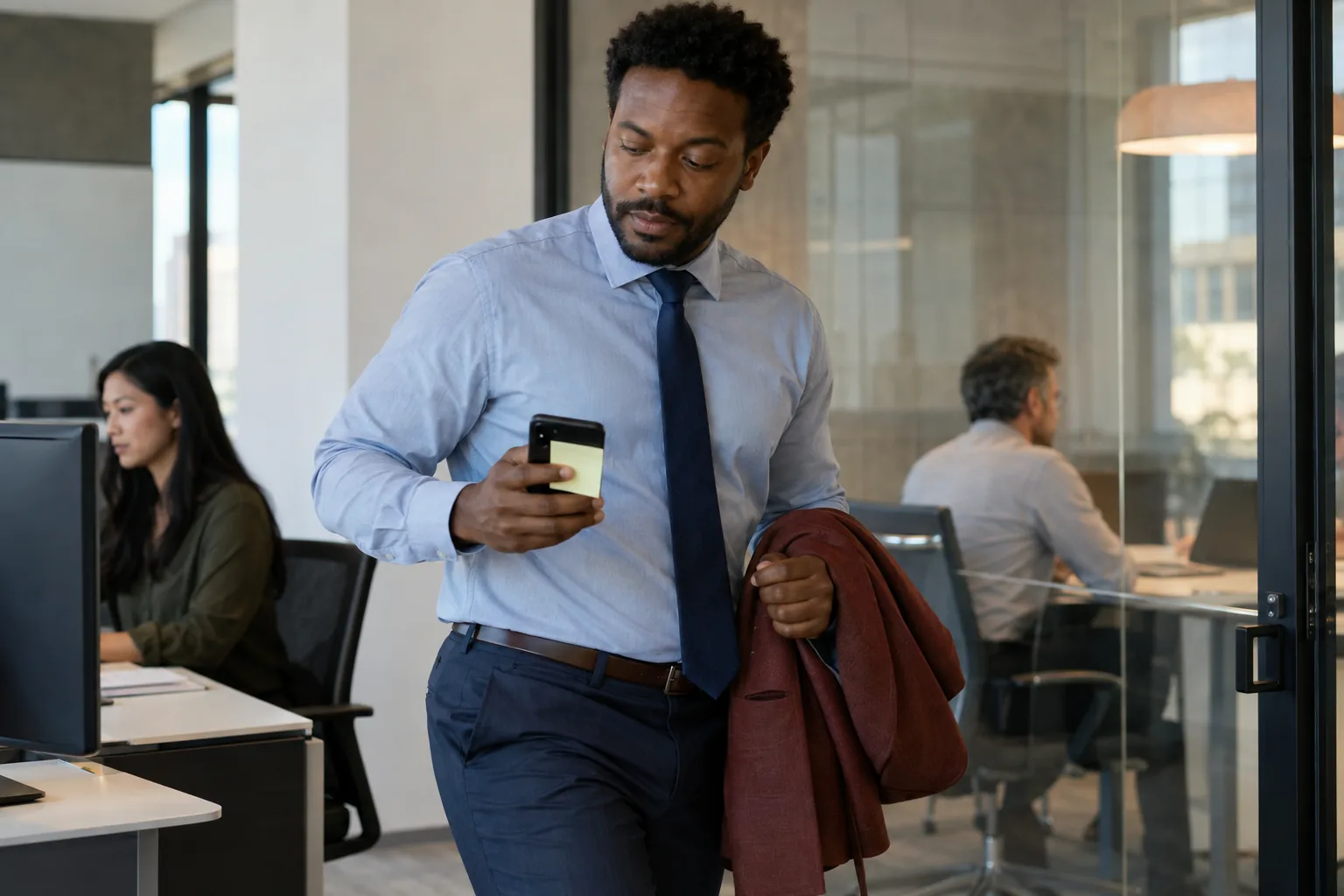 A rep checks a note on his phone as he heads into a meeting