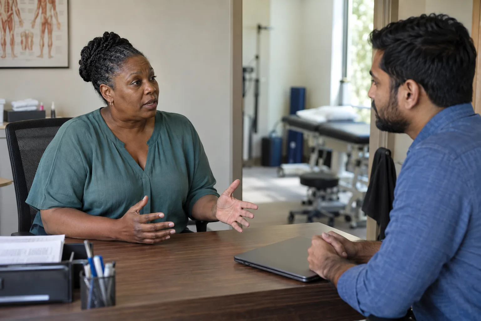 A clinic owner explains a concern to a customer success manager across her desk