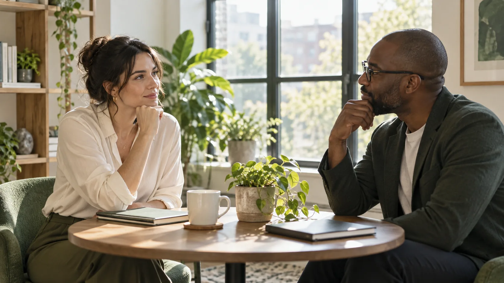 Two colleagues in conversation at a round table