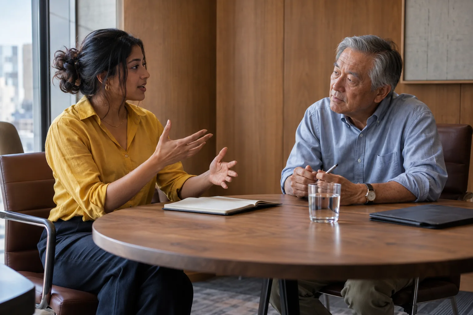 A sales coach listens as a young rep describes how her call went