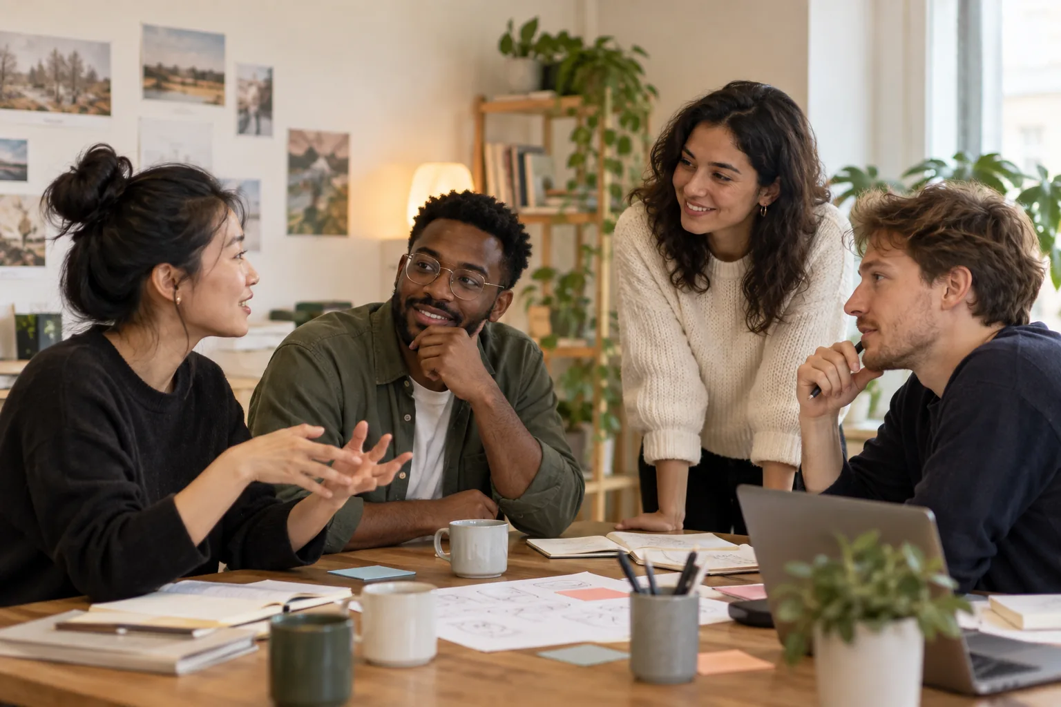 Four colleagues talk around a table with notebooks