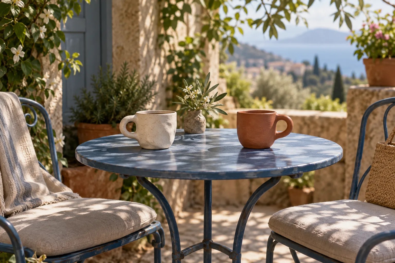 A garden table with cups on a sunny terrace