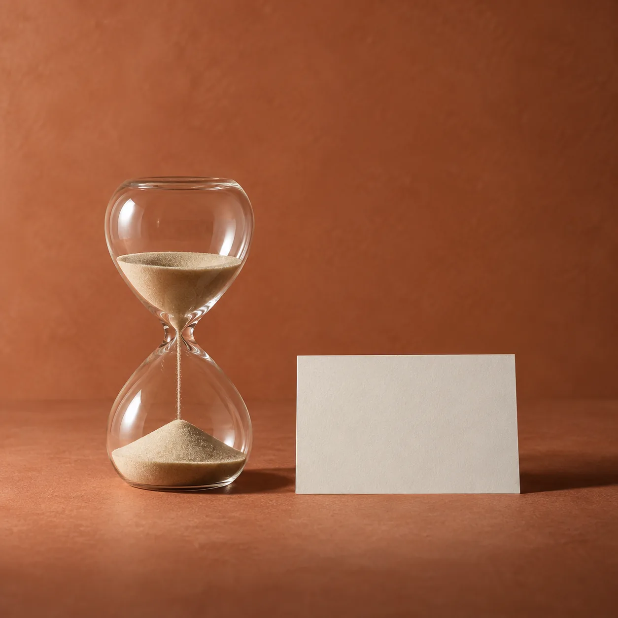 An hourglass beside a blank index card