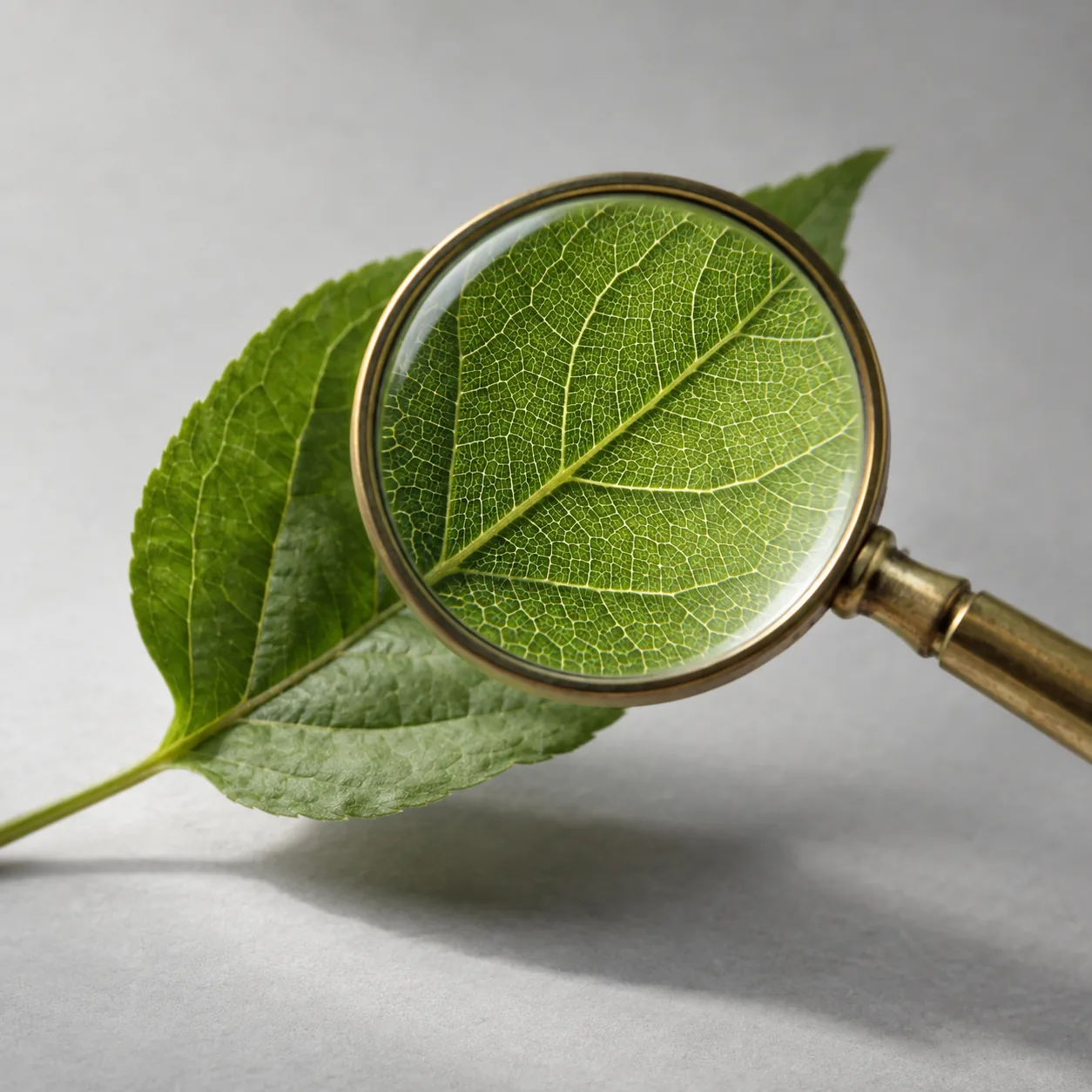 A magnifying glass revealing the veins of a leaf