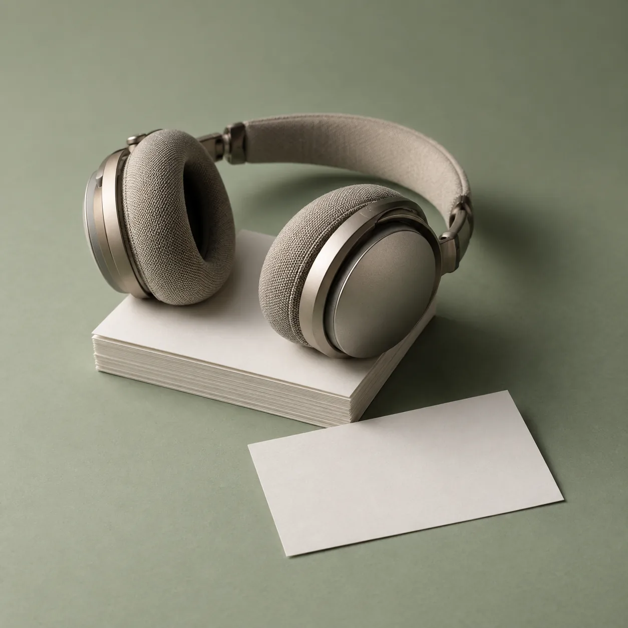 Headphones resting on a stack of blank index cards