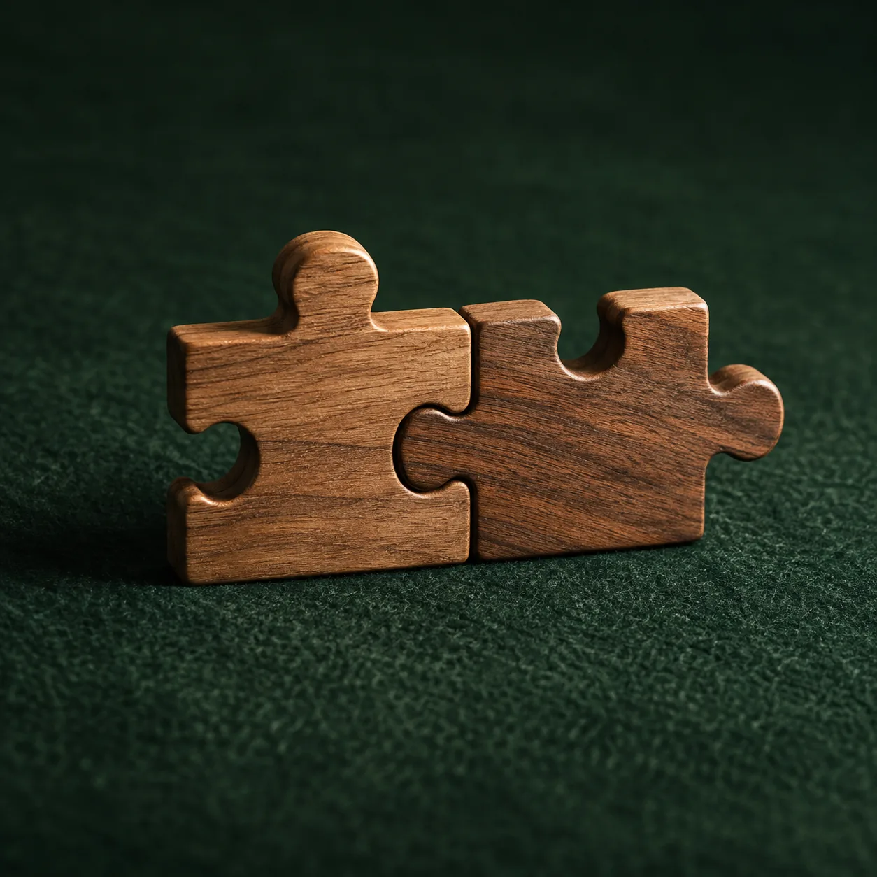 Two wooden puzzle pieces fitted together on green felt