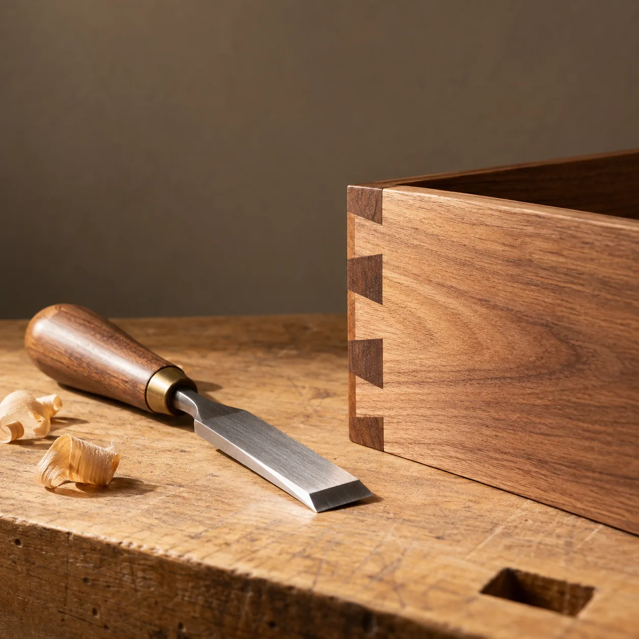 A chisel beside one freshly cut dovetail joint