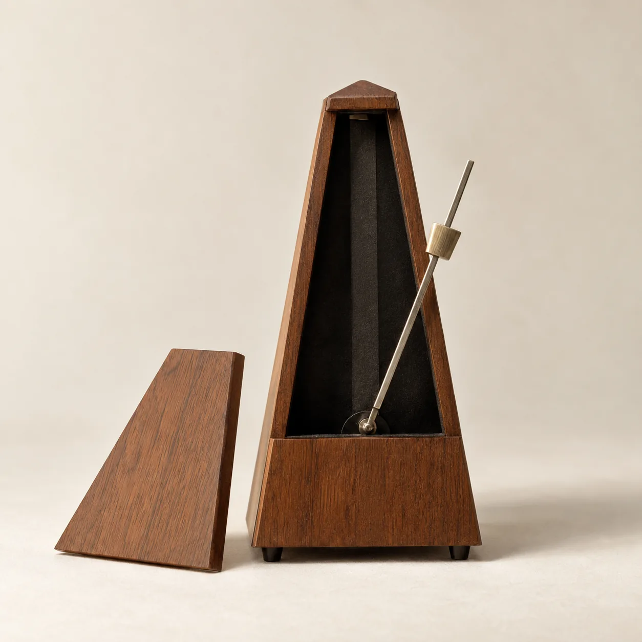 A wooden metronome with its pendulum paused mid-swing