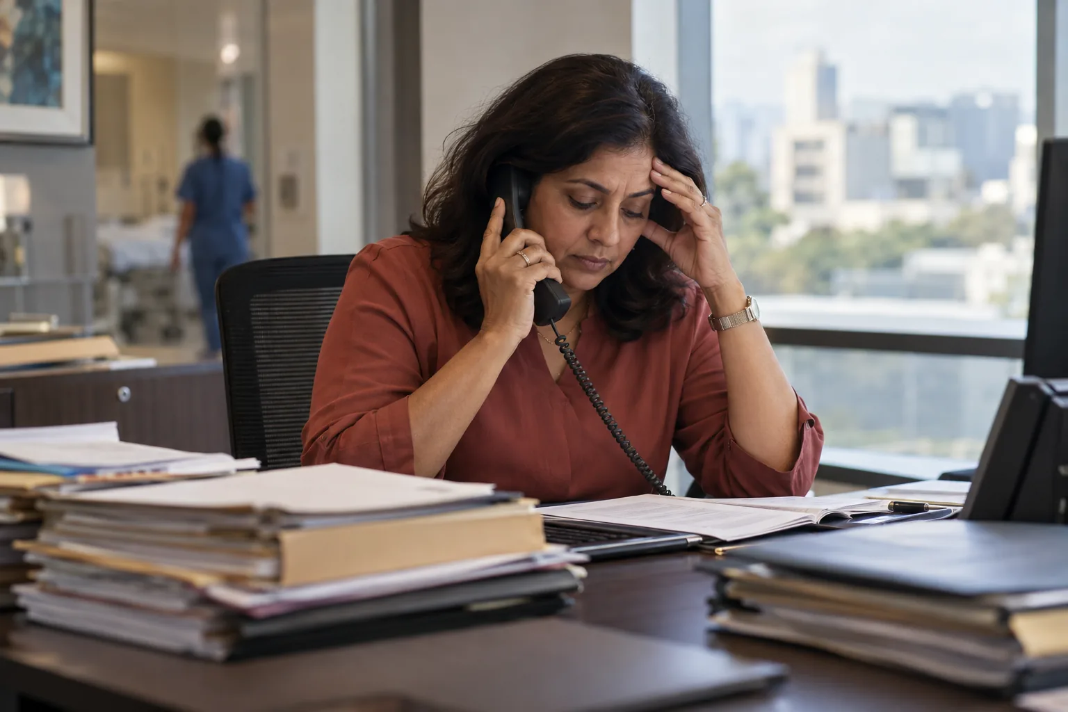 A hospital administrator on the phone at a desk stacked with folders