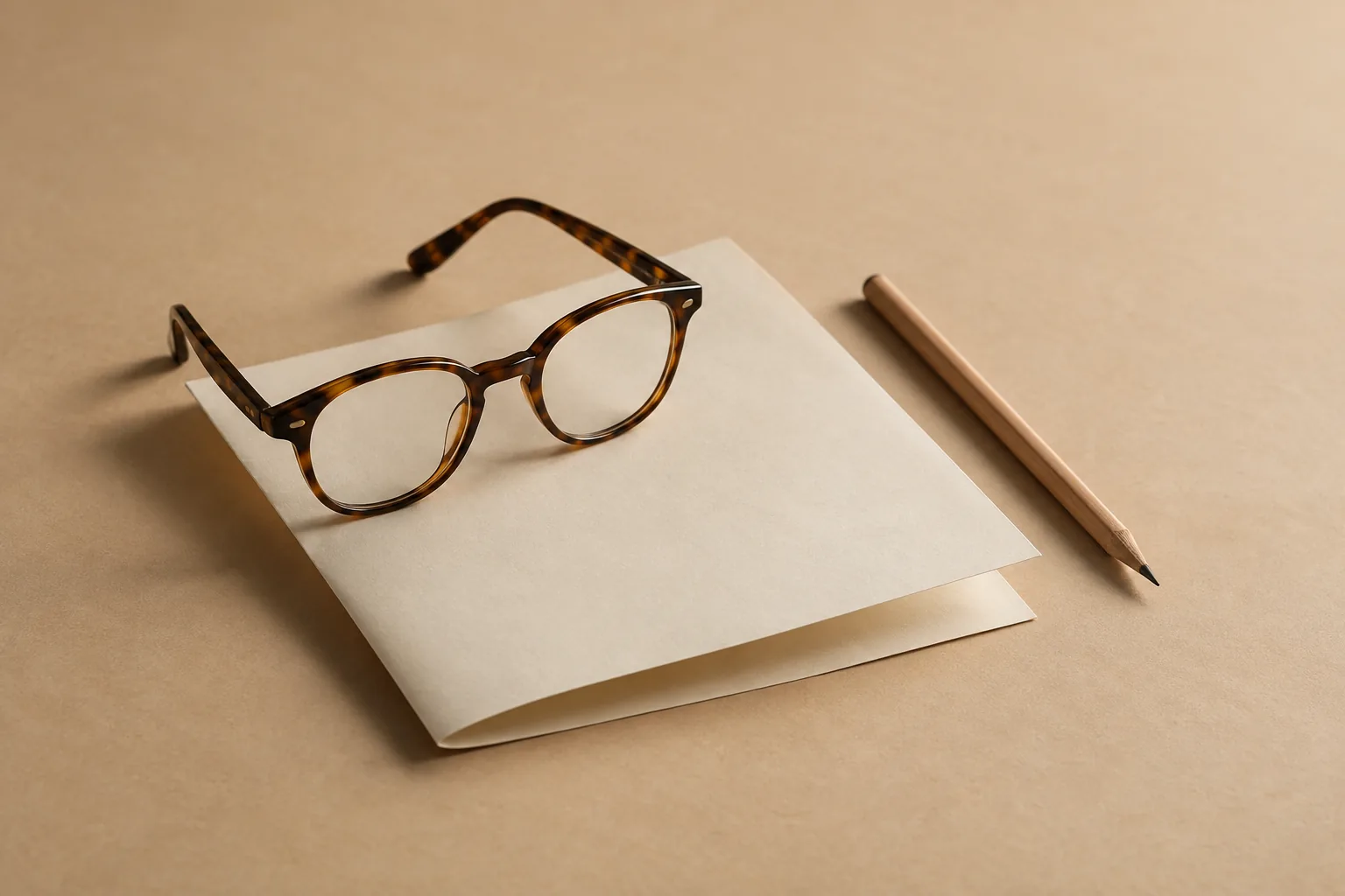 Reading glasses and a pencil resting on a folded sheet of paper