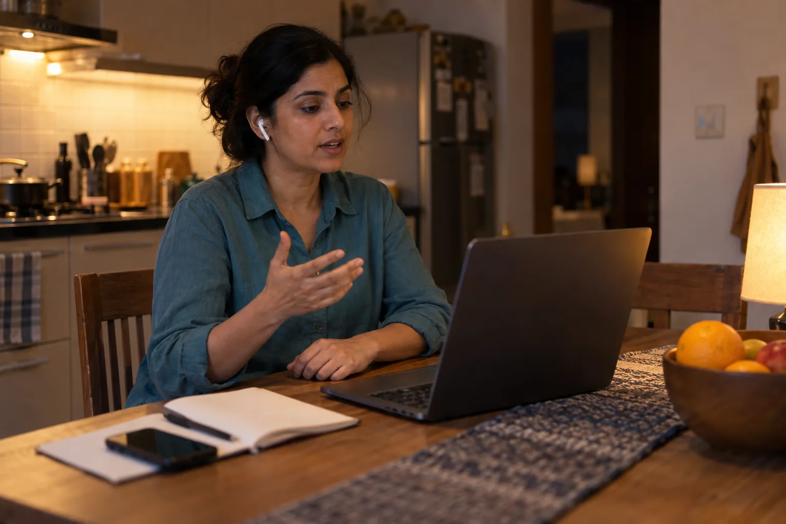 A woman talks through a practice call at her kitchen table in the evening
